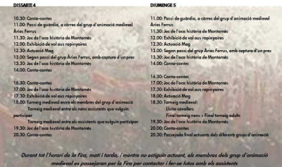 Programació Fira Medieval 4 i 5 de juny