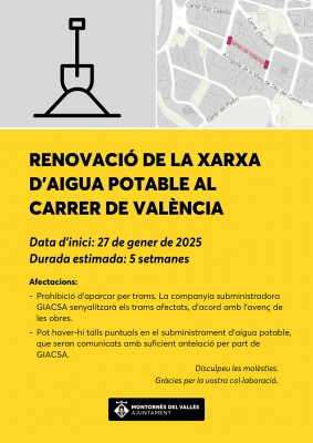 Avís de les obres de renovació de la xarxa d'aigua potable al carrer de València