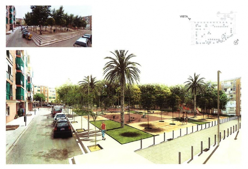 Projecte de la plaça vista des de la cantonada nord oest (a dalt, la situació actual)